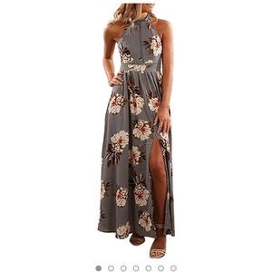 Halter Neck Floral Print Backless Split Maxi Dress
